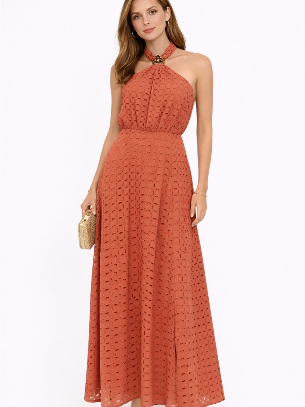 ASOS Elegant Halter Neck Maxi Dress in Terracotta Size 4 NWT